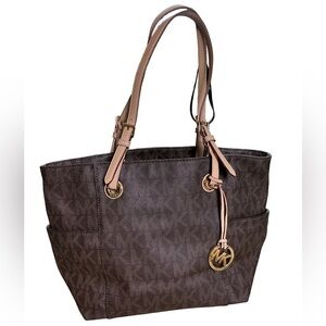 Michael Kors Jet Set East West Tote Brown MK Monogram Shoulder Bag
